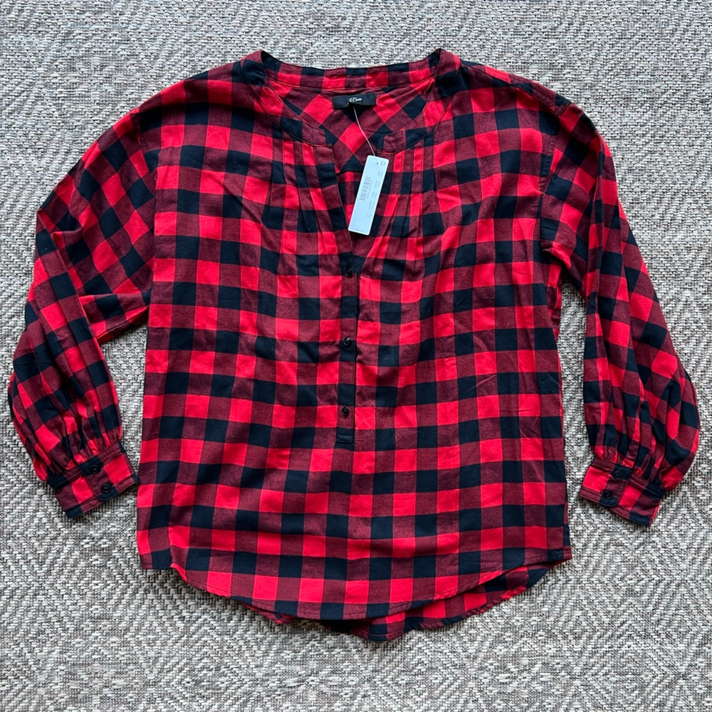 NWT J. Crew Red Black Buffalo Plaid‎ Cotton Popover Tunic Blouse XS Cabincore